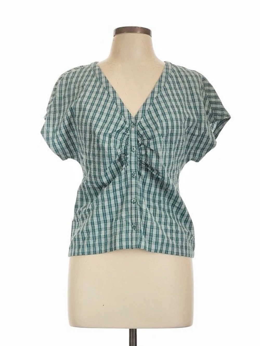 Madewell Plaid Ruched Blouse Front Top in Green Size Large Casual Teacher NWT
